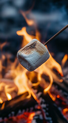 Closeup on stick with a marshmallow roasting over an outdoor fire pit 