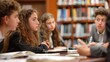 © Sam - A young woman with long brown hair sits at a table in a library, listening intently to a discussion.