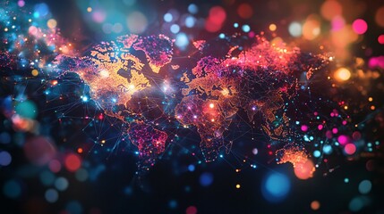Wall Mural - world map with interconnected lines and lights