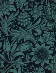 Vintage floral pattern with teal flowers and leaves on a dark blue background