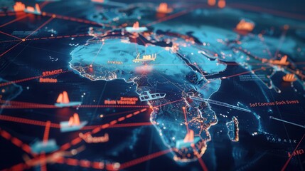 Fototapete - The map illustrates extensive transport routes and icons, revealing vital connections between significant global locations. Generative AI