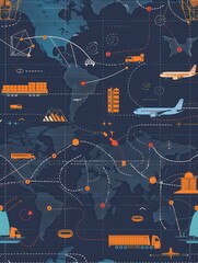 Fototapete - Highlighted transport routes connect various global locations, featuring diverse icons representing air, land, and sea transportation methods. Generative AI