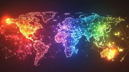 Wall Mural - a world map consisting of interconnected lines and nodes in vibrant colors