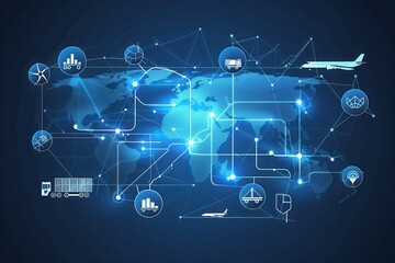 Aufkleber - Highlighted transport routes span the globe, featuring icons representing different types of vehicles in a connected network. Generative AI
