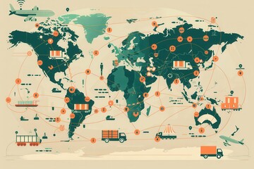 Fototapete - The map illustrates worldwide transport routes with various transportation icons, highlighting connectivity between regions effectively. Generative AI