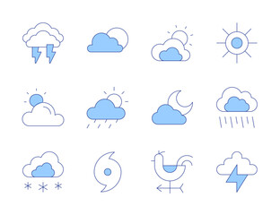weather icons. line duotone style, editable stroke. cloudy, wind signal, snowing, sun, thunder, weat