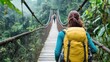 © JAYDA RIN - Backpacker crossing a wooden bridge in the dense Amazon rainforest, surrounded by wildlife   Amazon rainforest, backpacking, nature travel