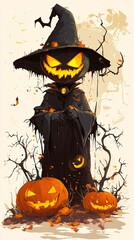 Sticker - Scary halloween pumpkin wearing cloak and wizard hat standing near tree