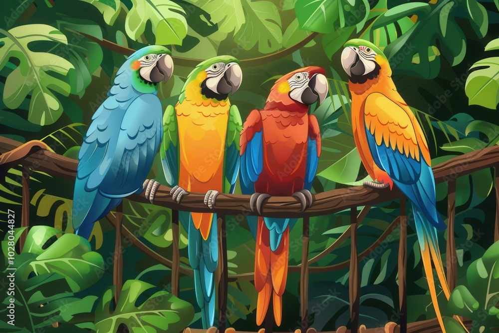 Four bright parrots are perched together in a beautifully designed cage ...