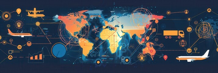 Poster - The map illustrates interconnected transport routes worldwide, featuring icons of planes, trucks, and ships representing global travel. Generative AI