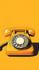 Illustration of a classic yellow rotary phone against a rich yellow background, retro details highlighted, sharp lines, nostalgic technology in a minimalist setting