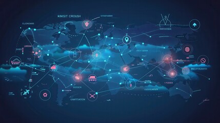 Fototapete - Highlighted transport routes connect different regions globally, showcasing various modes of transport and their interactions. Generative AI