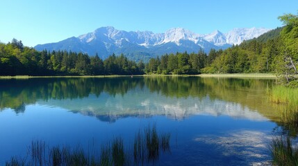 Serene alpine lake reflecting mountains and clear blue skies.