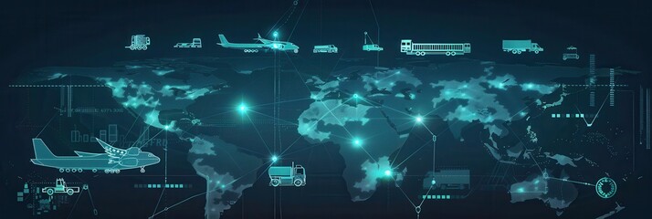 Fototapete - This map highlights major transport routes worldwide, featuring icons for air, land, and sea transportation methods. Generative AI