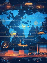 Fototapete - A detailed global map highlights transport routes with various transport icons linking major trade and travel points around the world. Generative AI