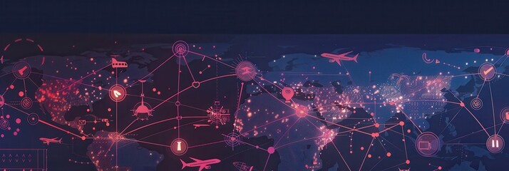Poster - A world map displays highlighted transport routes along with various transportation icons, illustrating global connectivity. Generative AI