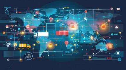 Fototapete - Transport routes are illustrated across a global map, showcasing various icons representing different modes of transportation and logistics. Generative AI