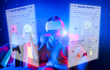 Smart female sitting on sofa while wearing VR headset connecting metaverse, future cyberspace community technology. Elegant woman enjoy opening online store menu shop luxury product. Hallucination.