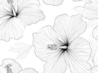 Linear hibiscus flowers in monochrome, minimalist seamless repeat, floral line art, clean tropical pattern