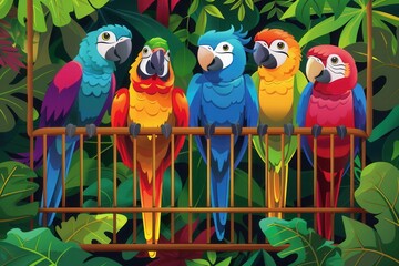 Wall Mural - Brightly colored parrots sit closely in a decorative cage, surrounded by tropical foliage, showcasing their beautiful plumage. Generative AI