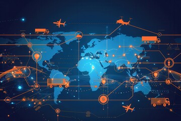 Fototapete - Highlighted transport routes are illustrated on a global map, showcasing different vehicles from air to land traversing worldwide connections. Generative AI