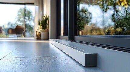 Sharp focus on window profile edge, sleek aluminum frame with weatherproof sealing, positioned on smooth white sill, room for text