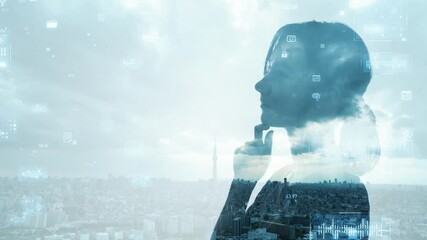 Poster - Mixed media of thinking woman and digital technology concept