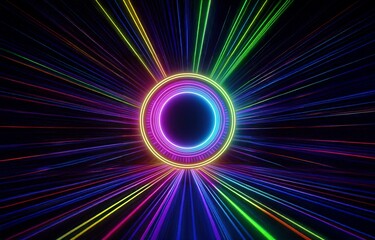 Neon light streaks converging toward a circular portal of glowing light on a black background.