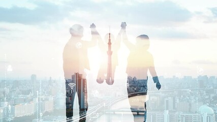 Fototapete - 子供連れの家族と都市建設のコンセプト