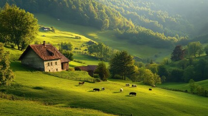 Charming rural landscape with a farmhouse and grazing cattle.