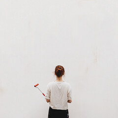 woman painting white wall with roller in white t shirt and black skirt