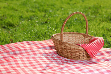 Poster - One picnic wicker basket with checkered napkin and blanket on green grass. Space for text