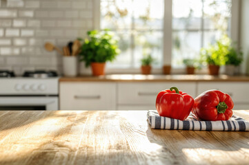 Poster - Red bell peppers resting on a wooden table in a modern kitchen