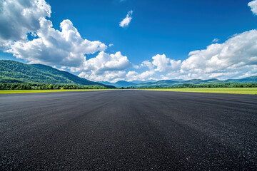 Poster - Empty asphalt road leading through green meadows to mountains