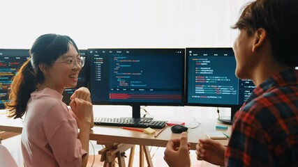 Back end software developer engineer for computer programming working together on debugging writing computing code, solving complex algorithms display on monitor in office. Burgeoning