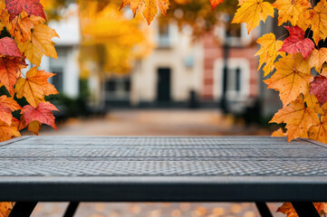 Poster - Empty table showing autumn background with falling leaves, perfect for product placement