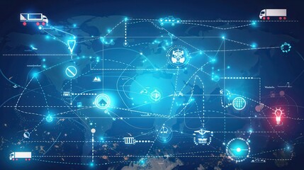 Fototapete - The map displays international transport routes highlighted with icons representing different modes of transportation. Generative AI
