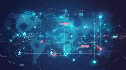 Fototapete - Highlighted transport routes connect various locations globally via different modes of transport for efficient logistics. Generative AI