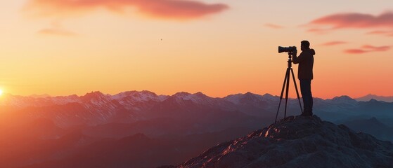 Photographer capturing stunning sunset landscape from mountain peak.