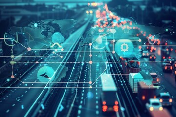 Aufkleber - Transport routes are displayed on a global map, showcasing different modes of travel across various regions and connections between them. Generative AI