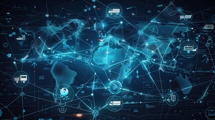 Aufkleber - A world map displaying highlighted transport routes with icons representing different types of transportation across major connections. Generative AI