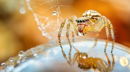 Detailed image of a small spider spinning its intricate web.