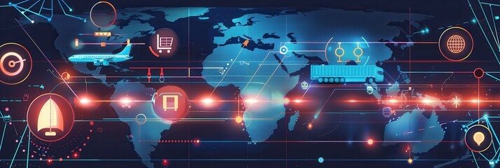 Aufkleber - A detailed global map displays various transport routes with icons representing different modes of transportation connecting regions. Generative AI