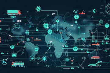 Fototapete - The map displays global transport networks with highlighted routes and icons, showcasing diverse modes of transportation for goods and people. Generative AI