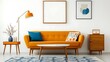 © Jack - A mid-century modern living room with retro furniture, bold colors, and a blank white frame above a sleek coffee table, creating a stylish space for contemporary art.