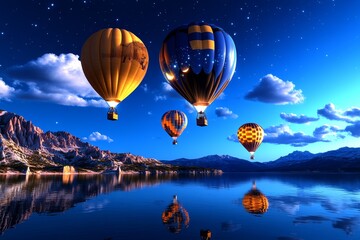 Wall Mural - 3D-rendered balloons floating through a crystal-clear night sky, with each balloon reflecting the moon and stars, casting soft, magical light across the landscape