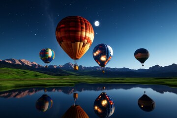 Wall Mural - 3D-rendered balloons floating through a crystal-clear night sky, with each balloon reflecting the moon and stars, casting soft, magical light across the landscape