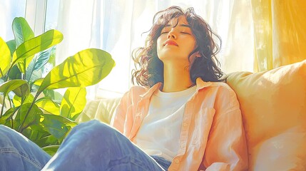 Relaxed woman enjoying sunlight while sitting near indoor plants.