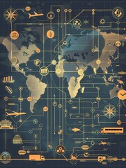 Fototapete - A detailed global map showcasing highlighted transport routes and various transport icons, illustrating international connectivity. Generative AI