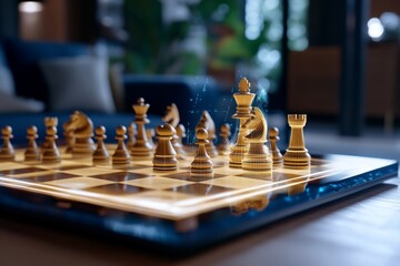 A futuristic digital chessboard with holographic pieces, where the Sicilian Defense is being played, and the pieces light up as they move across a virtual space